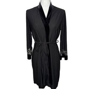 Vintage 80s Women’s M Black Belted Soft Modal Robe Embroidered Sleeve Velvet